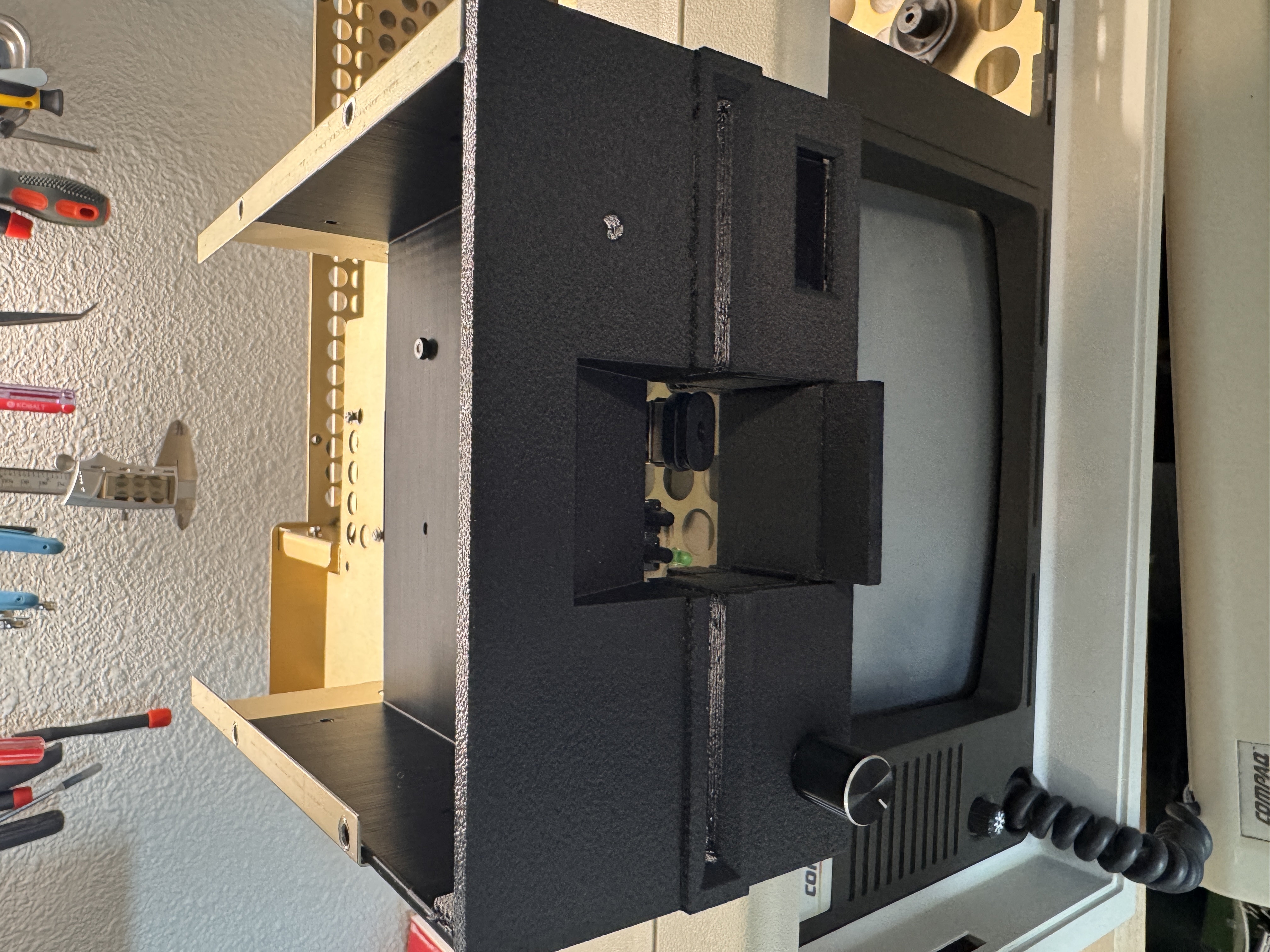 Completed custom drive bezels installed in the Compaq Portable front panel