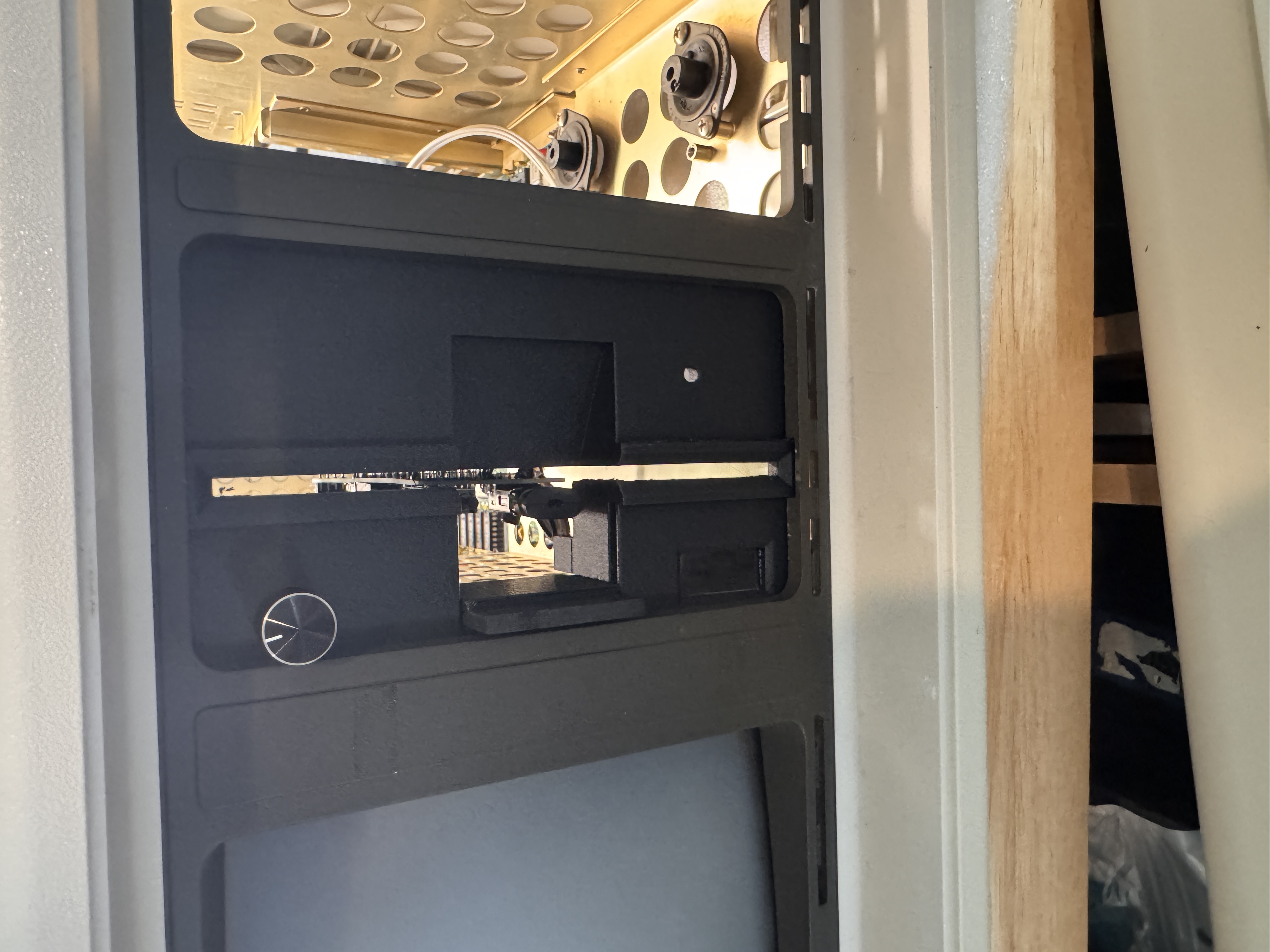 Close view of finished Compaq Portable drive bay with custom printed front panel