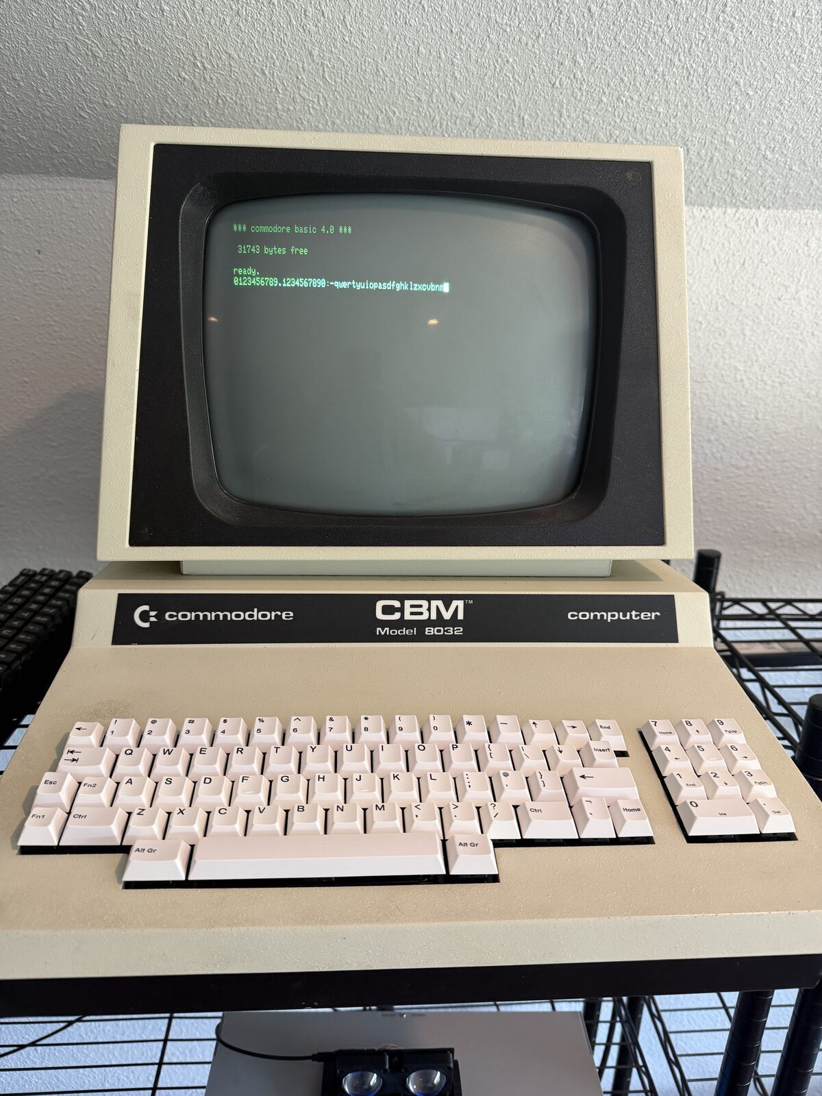 Commodore PET 8032 powered on with replacement keyboard installed