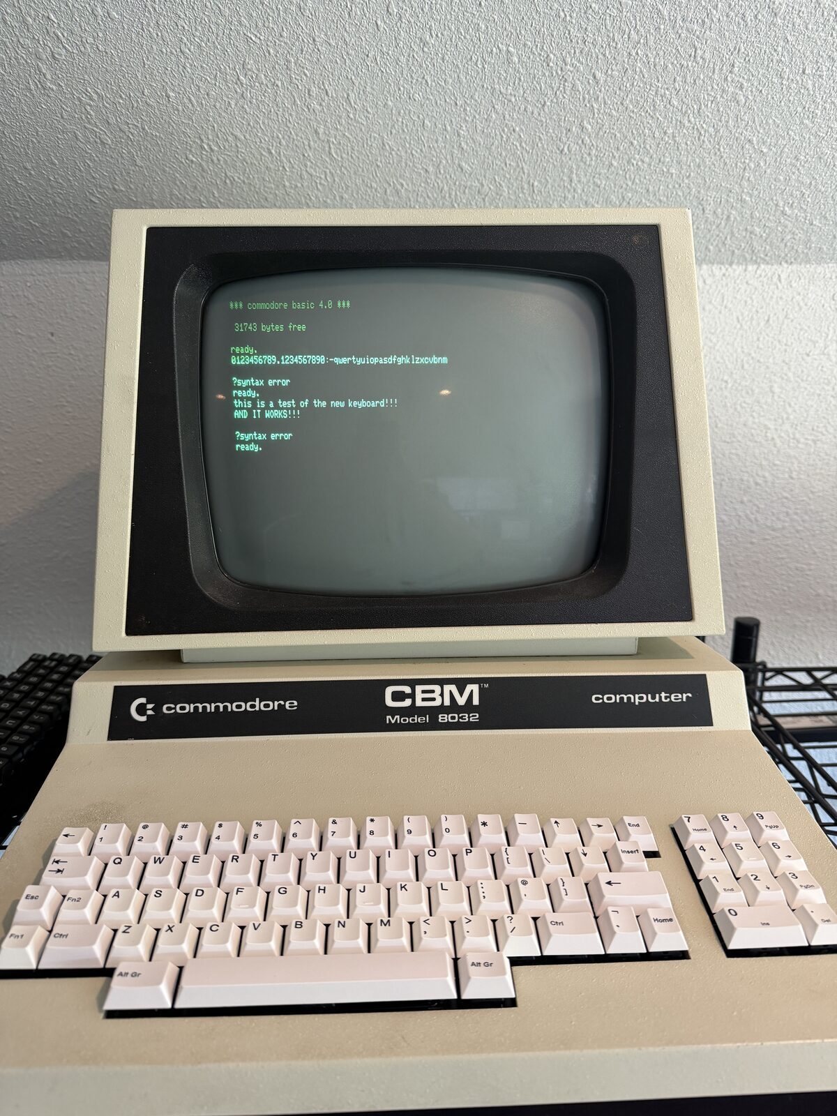 Completed replacement keyboard installed in a Commodore PET 8032